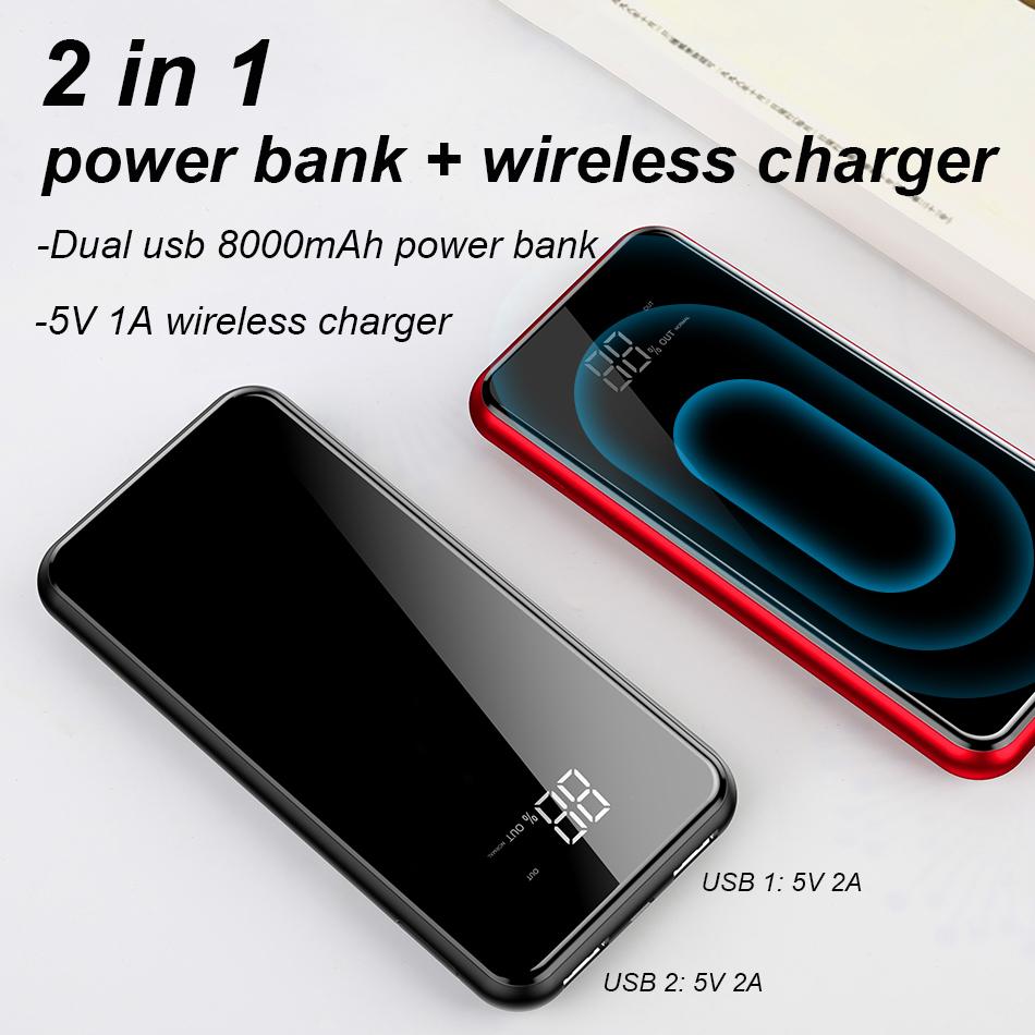 Baseus LCD 8000mAh QI Wireless Charger 2A Dual USB Power Bank For iPhone X 8 Samsung S9 Battery Charger 5W Wireless Charging Pad
