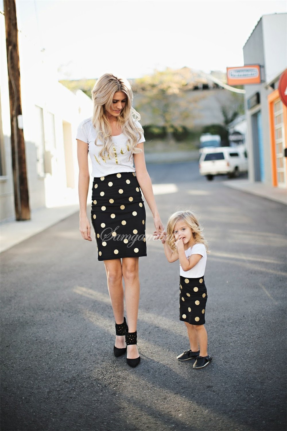 Short-sleeve Shirt and Polka Dot Skirt Dress