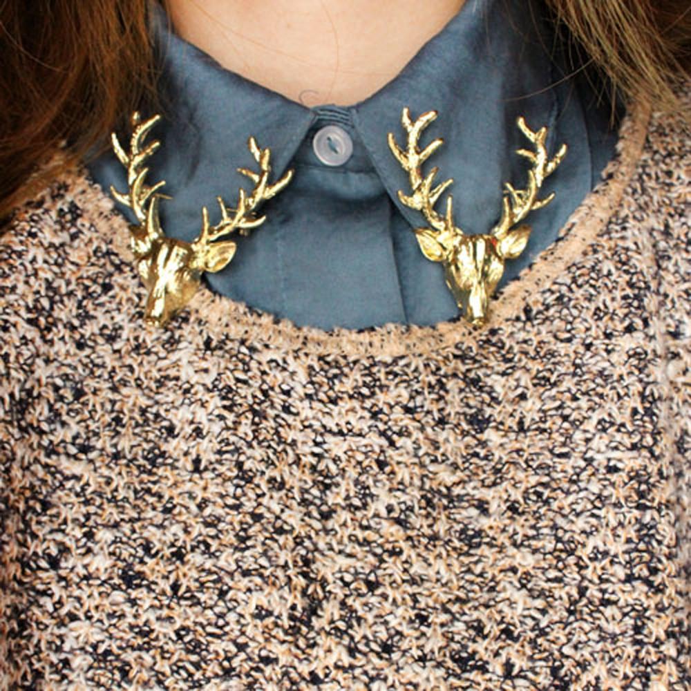 Unisex Cute Gold Deer Antlers Head Pin Brooch