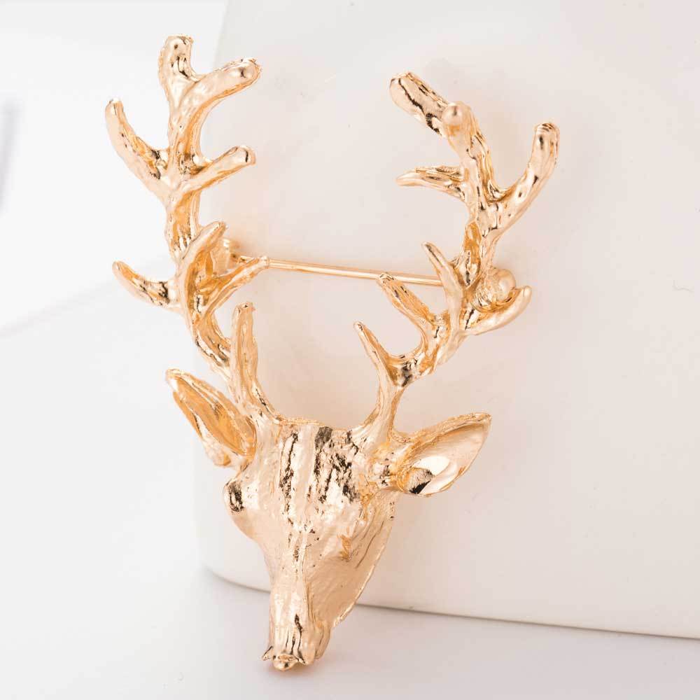 Unisex Cute Gold Deer Antlers Head Pin Brooch