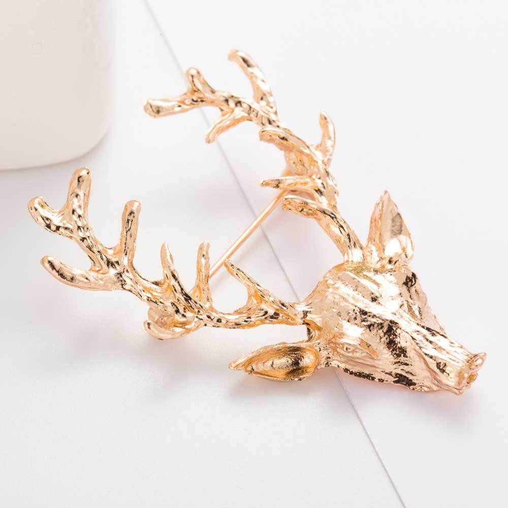 Unisex Cute Gold Deer Antlers Head Pin Brooch